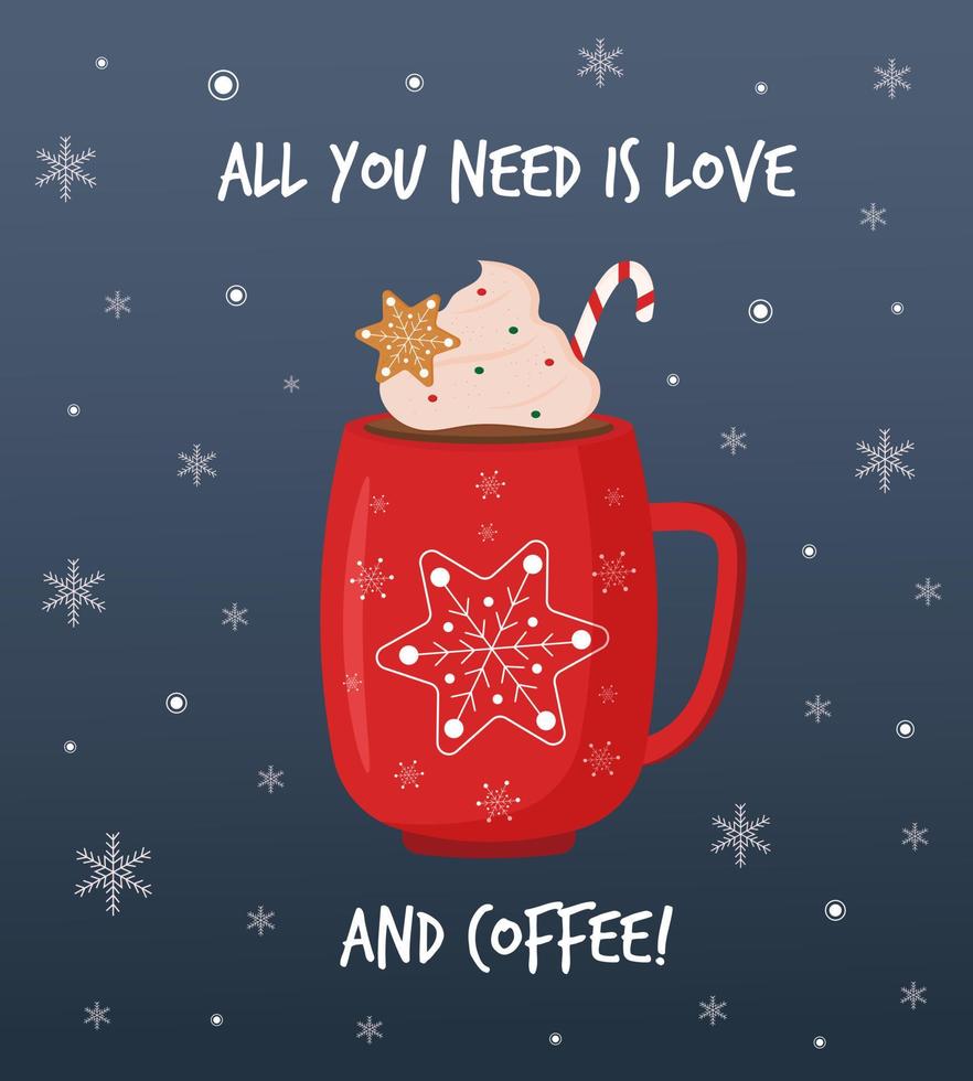 Red mug of coffee with cream and ginger cookie on snowy background. All you need is love and coffee. Romantic winter concept. Christmas, Valentine greeting card. vector