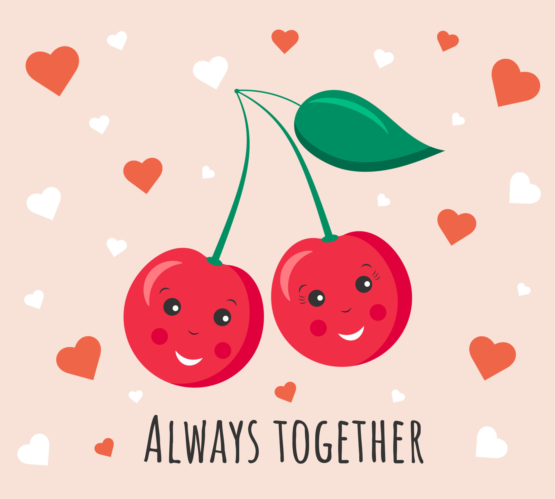 Romantic concept with couple of smiling cherries. Sweet fruits in love.  Valentine's day cute love greeting card. Always together. Happy valentine  day funny card. 14433981 Vector Art at Vecteezy