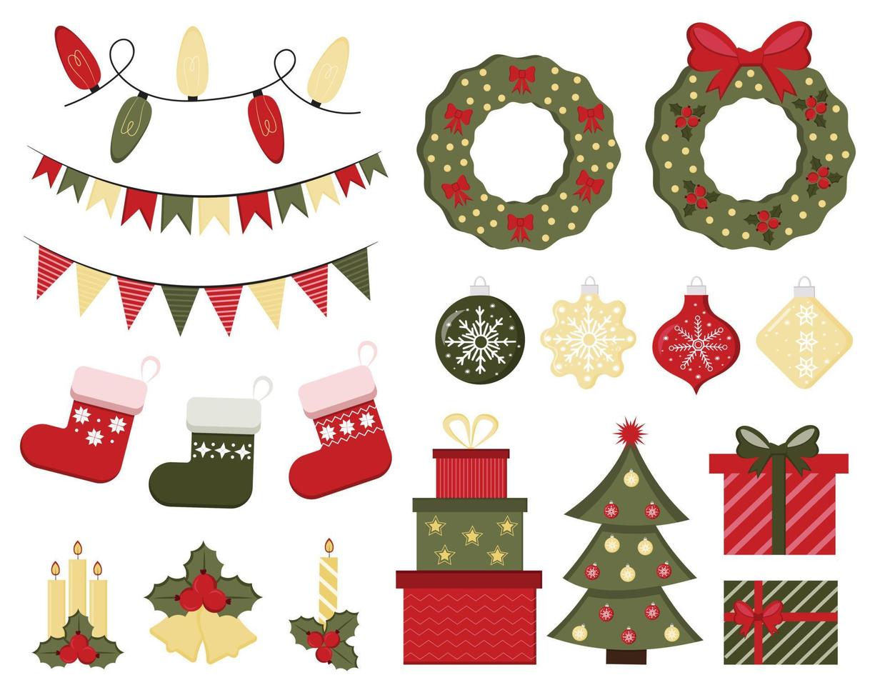 conjunto de ilustraciones de navidad y año nuevo con regalos y otros elementos de decoración. conjunto de iconos de invierno. diseño para impresiones, tarjetas, carteles. colección de elementos de diseño de Navidad brillante. vector