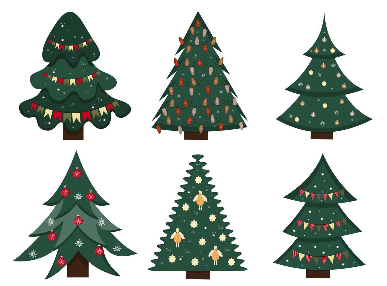 Set of Christmas tree. New Years tree with heralds, light bulb. Decorated xmas trees. Suitable for greeting card, invitation, banner, web. Elements for winter holidays decor. vector