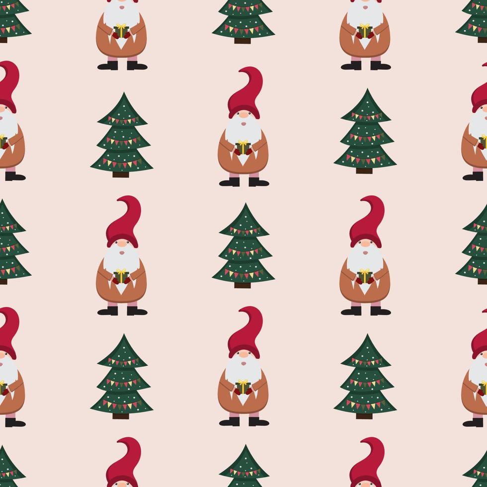 Christmas and New Year pattern with funny gnomes and gifts. Nordic, scandinavian Christmas. Suitable for greeting cards, holiday prints, invitations, wrapping paper, scrapbooking, wall paper, textile. vector