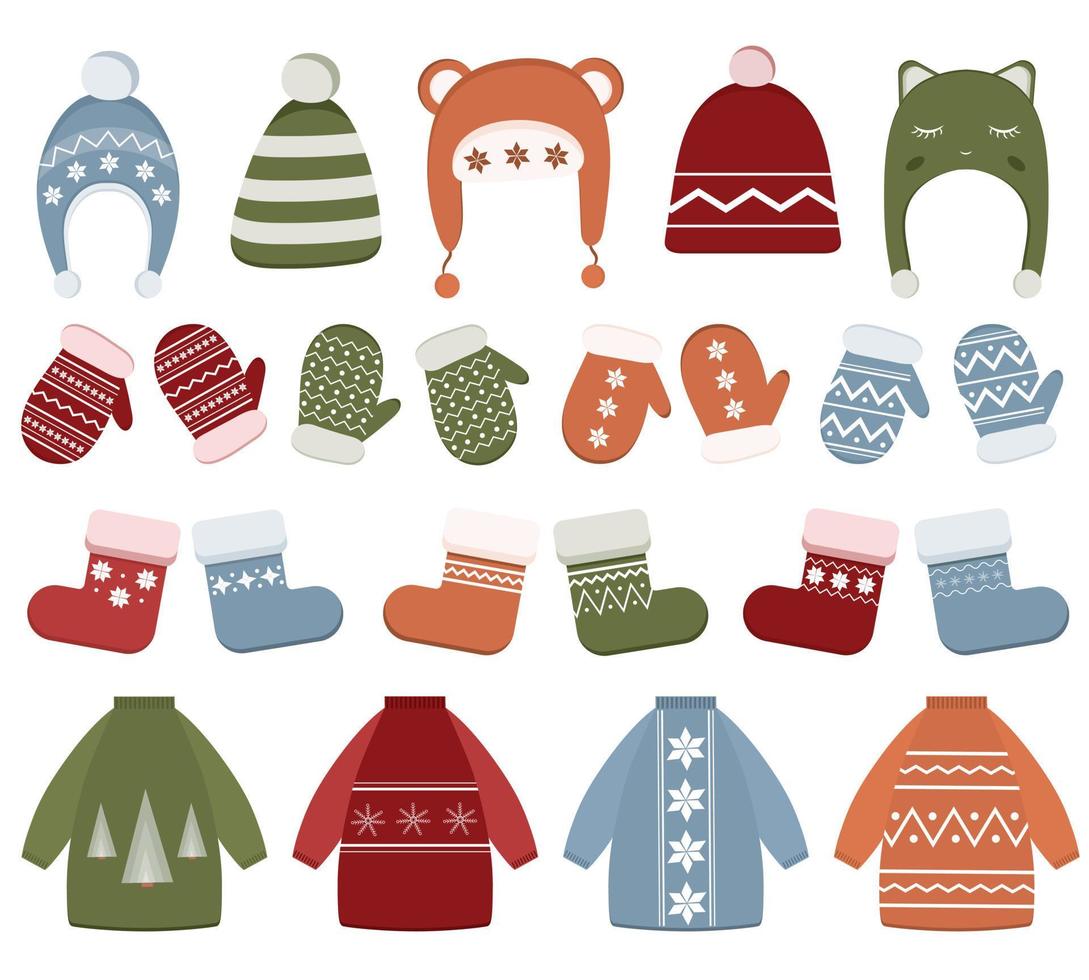 Winter clothing set with hats, sweater, socks, mittens. Clothes with different textures isolated on white background. Items for cold season. Collection of warm clothes for Christmas. vector