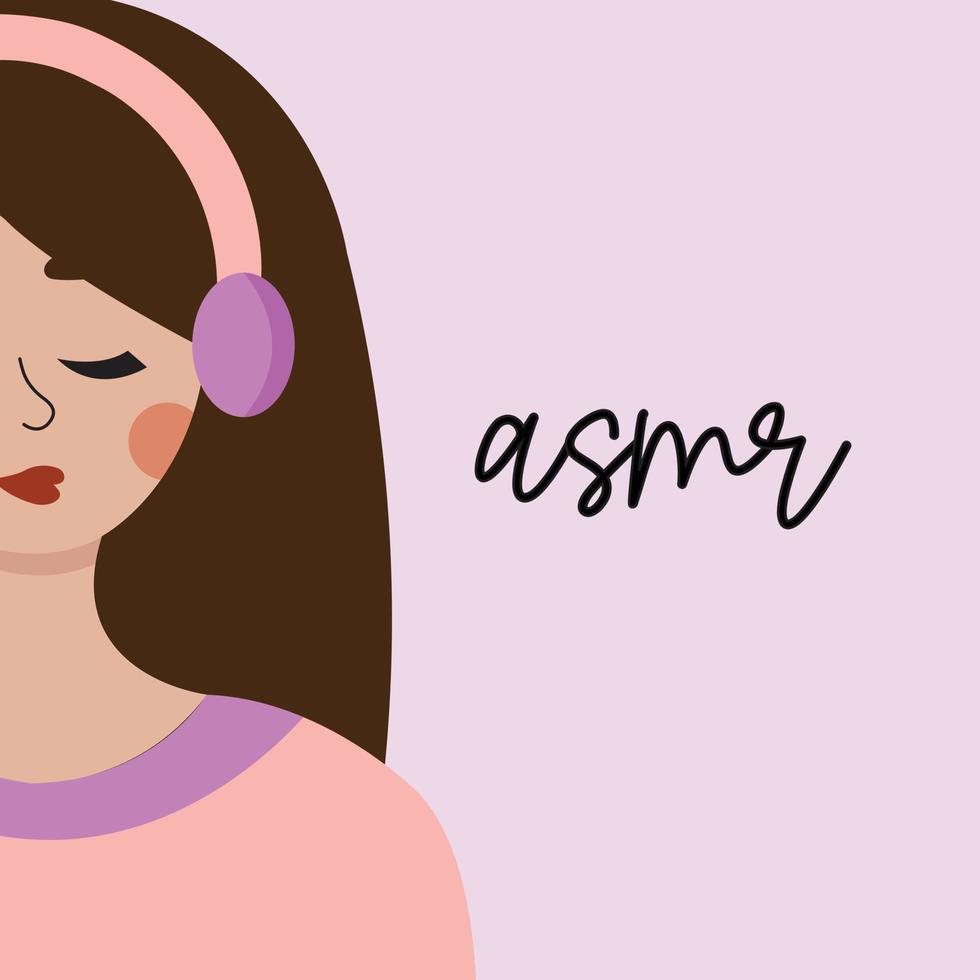 Girl in pink clothes listening to asmr voices and meditating. Flat vector illustration about podcast meditation.