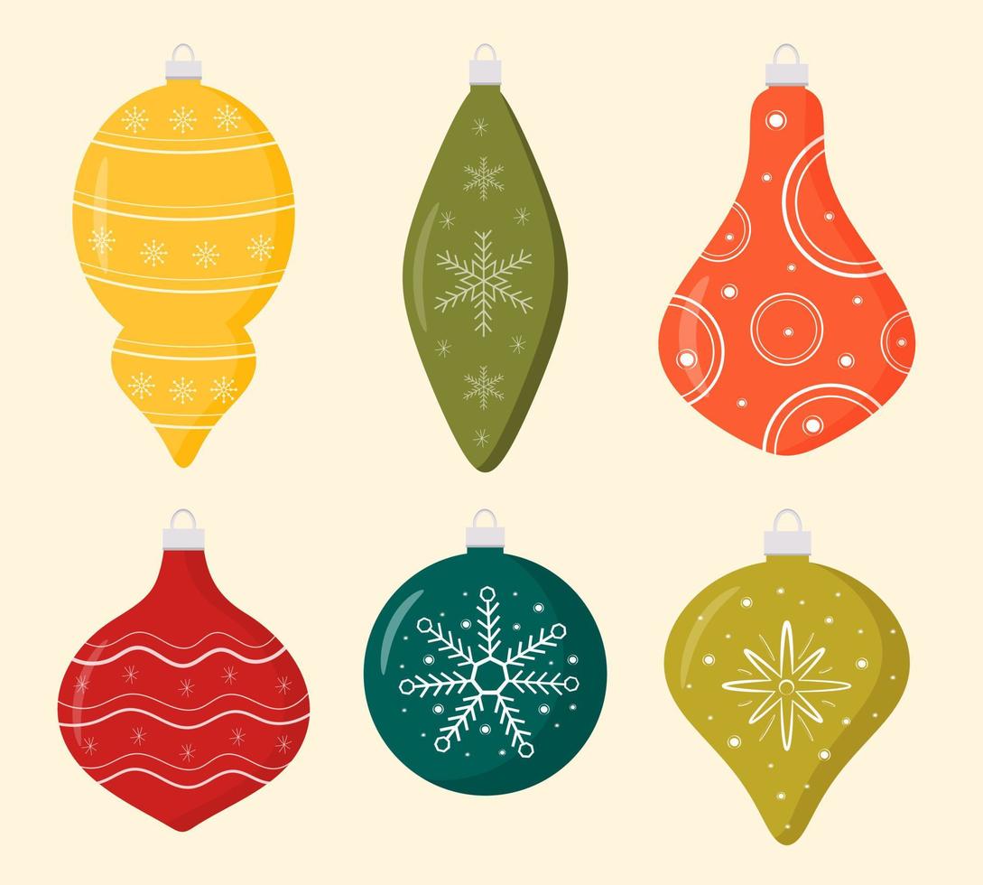 Set of hand drawn Christmas toys. Xmas glass toy. Holiday decoration template. Holiday christmas toy for fir tree. Vector illustration.