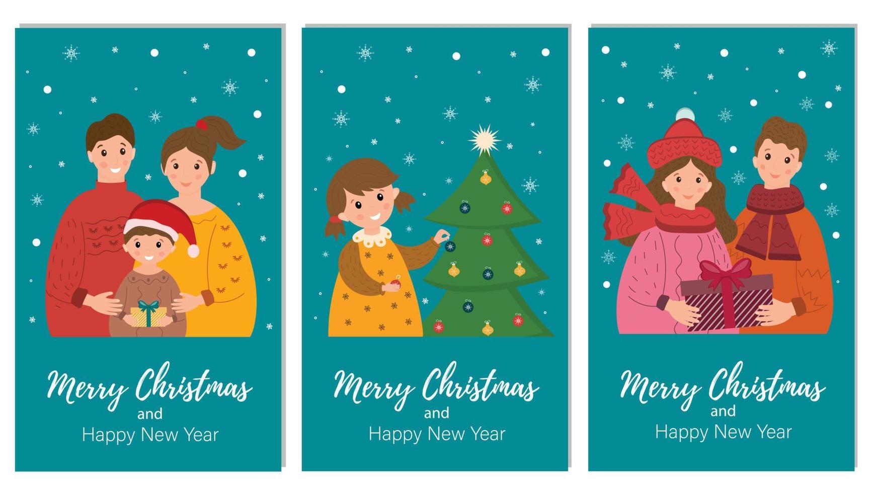 Set of Christmas and New Year greeting cards. Family holiday, congratulations. Happy couple holding a gift, little girl decorates the Christmas tree, dad and mom with their son greet Christmas. vector