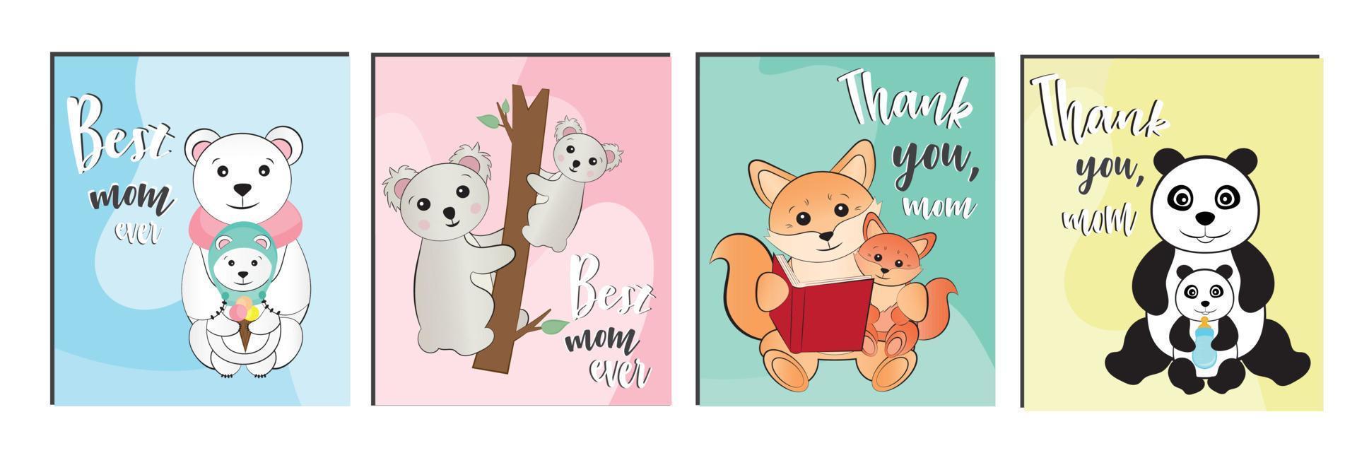 A set of pictures with cute animals to design a postcard for mom. Design elements for congratulating mom happy birthday, mother's day. vector