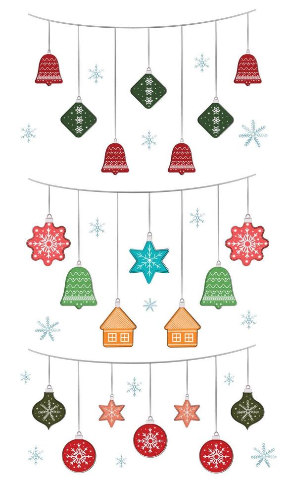 guirnalda con juguetes de árbol de navidad. adorno para el diseño de tarjetas, volantes, invitaciones. decoraciones de vacaciones de invierno. juguetes de cristal de Navidad aislados sobre fondo blanco. vector