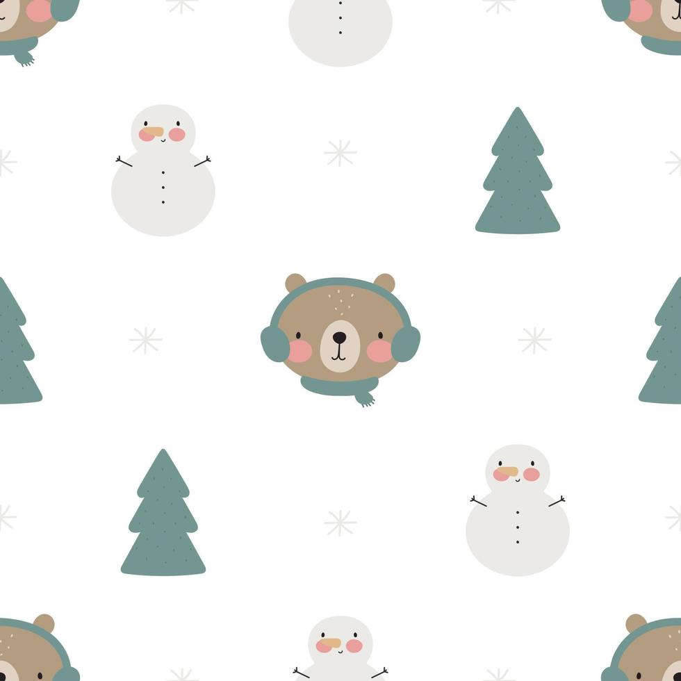 Seamless winter pattern with cute bear. Vector illustration in cartoon style. For posters, banners, card, printing on the pack, paper, printing on clothes, fabric, wallpaper.