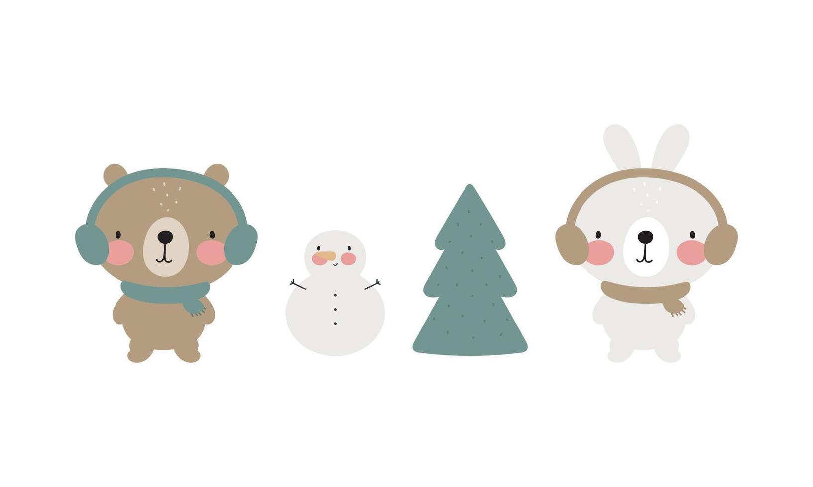 Winter set with cute bear and rabbit. Vector illustration on a white background. For card, posters, stickers, banners, printing on the pack, printing on clothes, fabric, wallpaper.