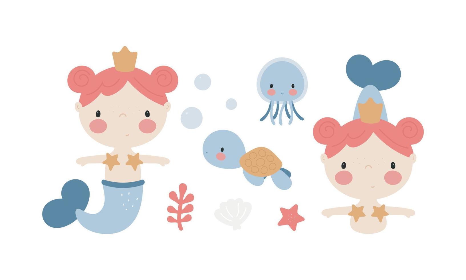 personajes marinos de dibujos animados. sirenita, medusa, tortuga marina, estrella de mar. bueno para invitaciones de baby shower, tarjetas de cumpleaños, pegatinas, impresiones, etc. vector