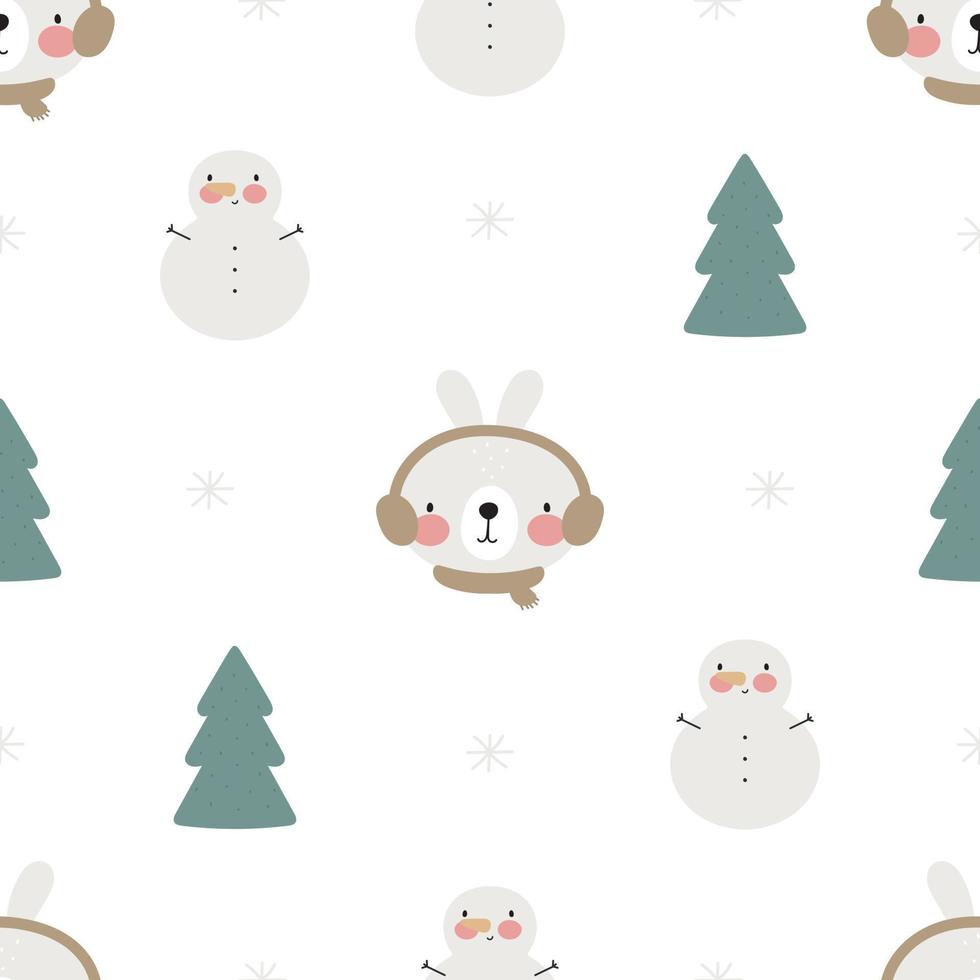 Seamless winter pattern with cute rabbit. Vector illustration in cartoon style. For posters, banners, card, printing on the pack, paper, printing on clothes, fabric, wallpaper.