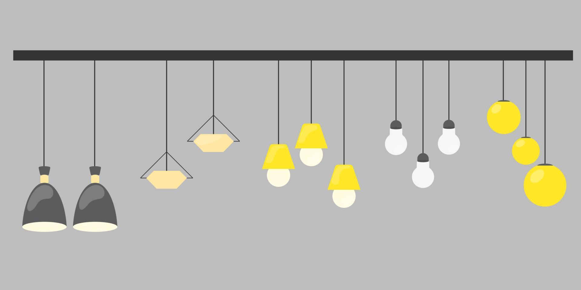 Set of ceiling lights. Bulb hanging on a rope. Indoor illumination. Vector isolated lamps set.