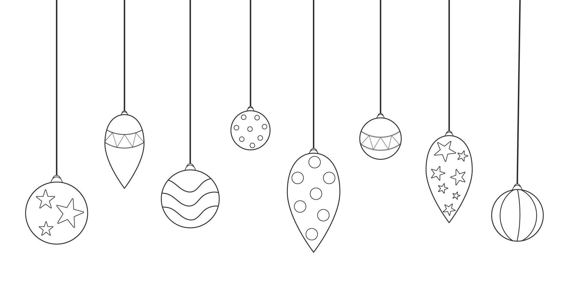 Coloring page for kids. Christmas balls with patterns. Christmas doodle set. vector