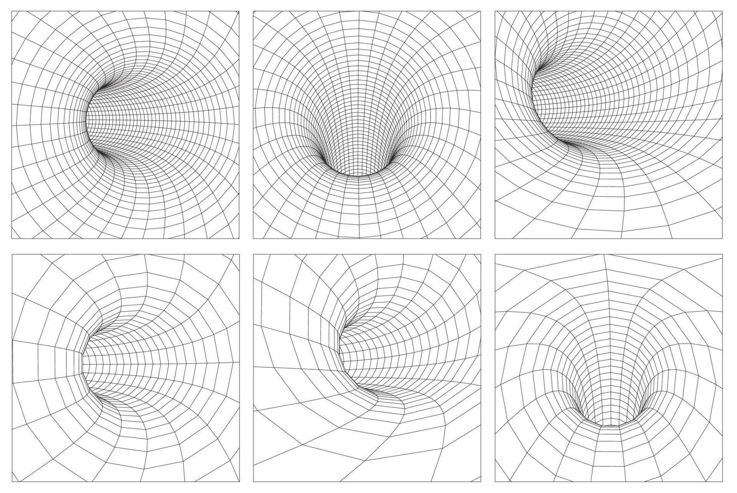 Grid wormhole wireframe tunnel. 3d gravity quantum, vector wormhole illustration. EPS 10.