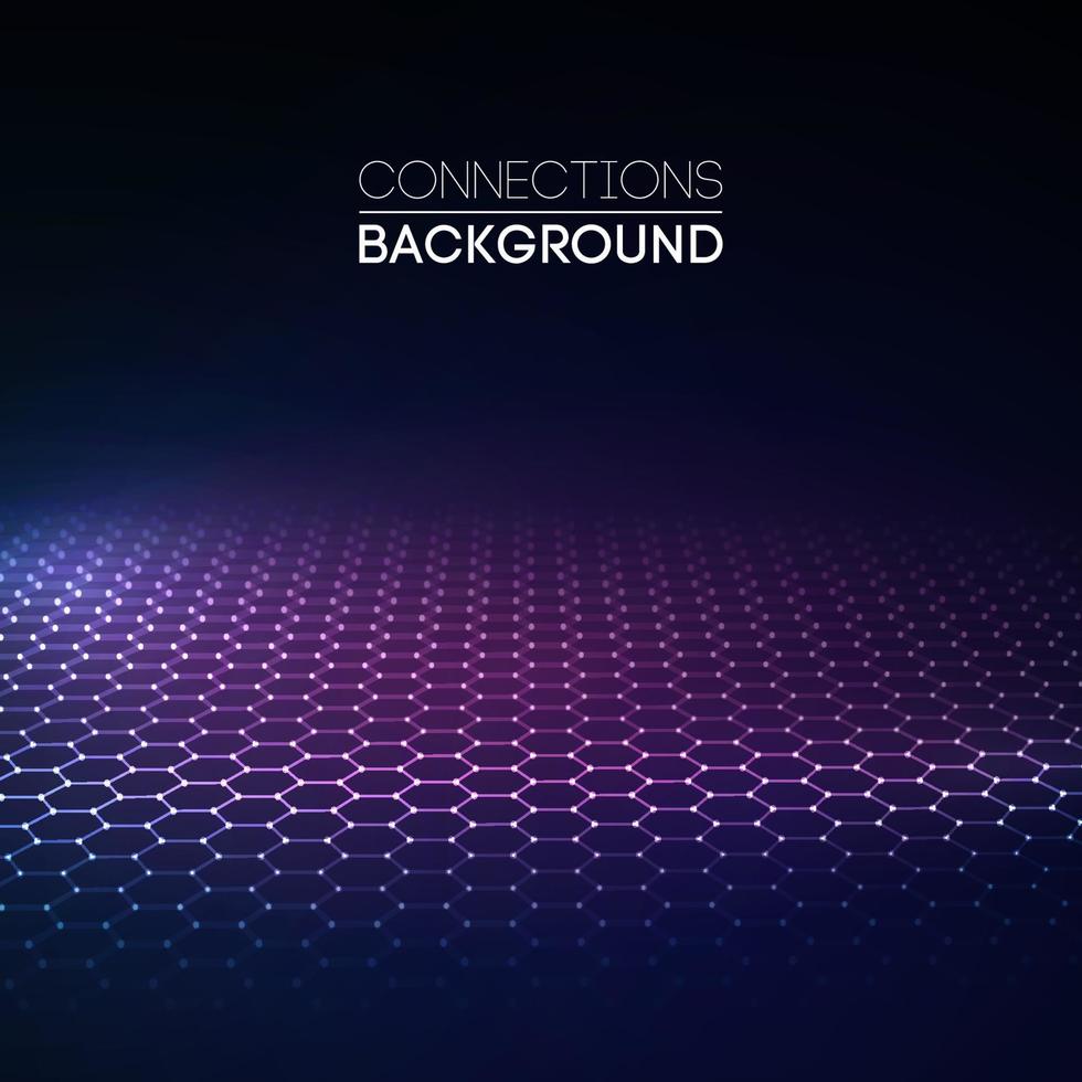 Network connection concept black background vector illustration. Futuristic hexagon perspective wide angle lanscape. Futuristic honeycomb concept. 3d landscape. Big data digital background.