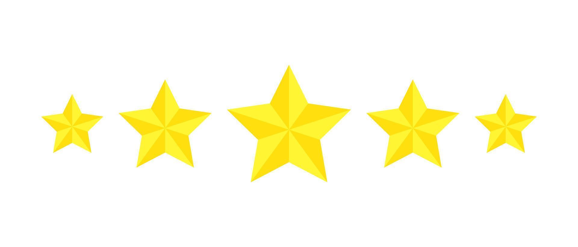 Five star rating, flat icon review for apps and websites. Yellow 5 star rank sticker isolated on a white background. For customer ratings or levels of food products, services, hotels, or restaurants. vector