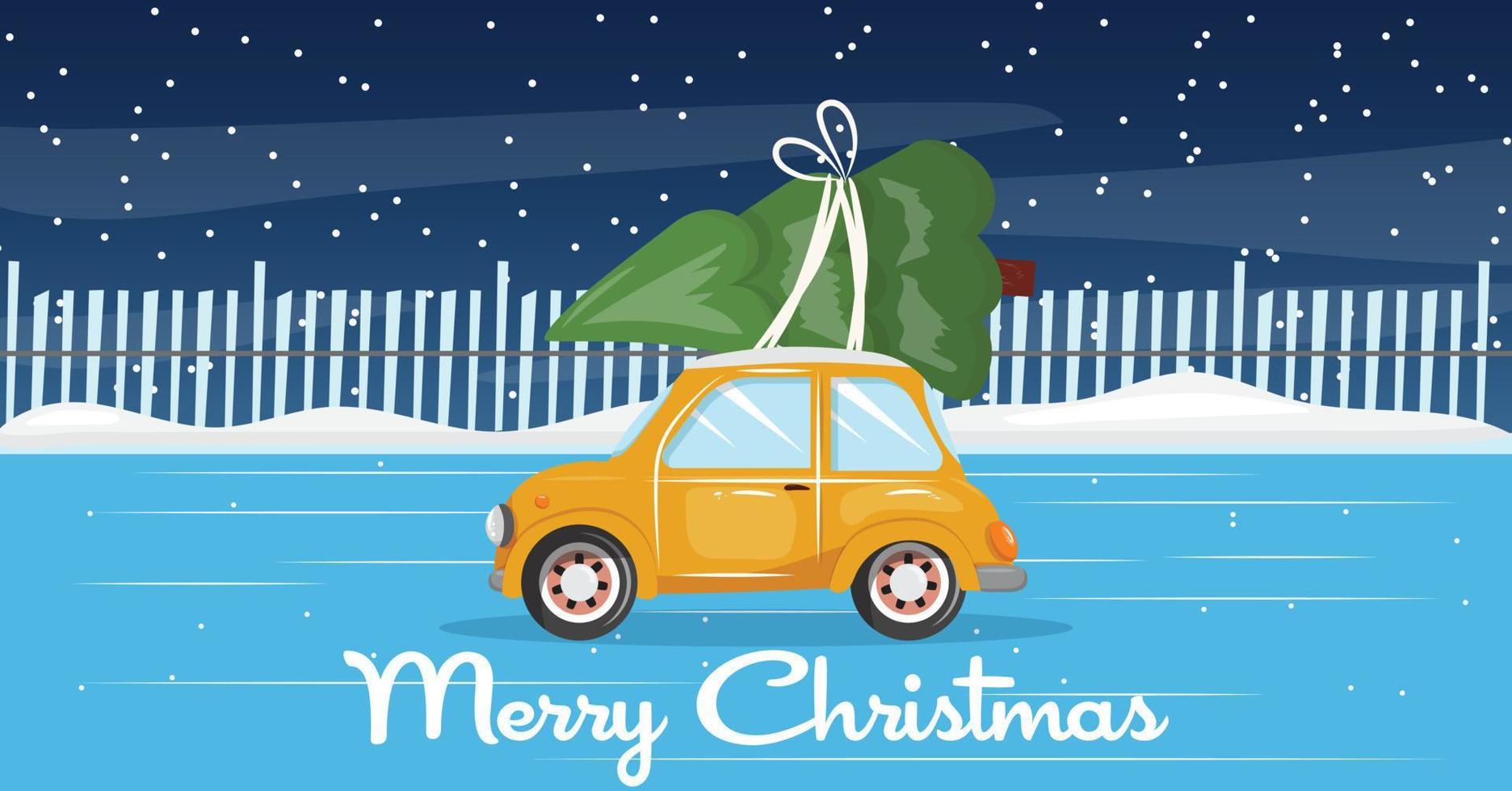 Christmas illustration with an orange car transporting a pine tree at night. Winter illustration. vector