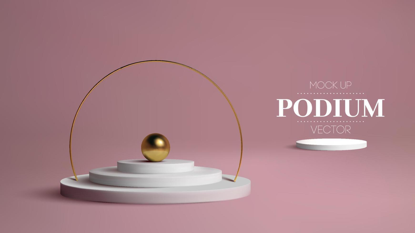 Podium with gold frame on pink background. 3d golden sphere vector. Award winner Platform studio 3d Vector stage.