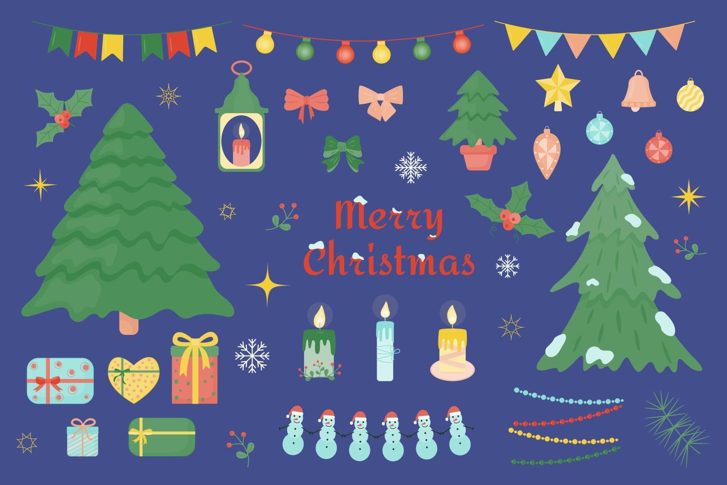 Christmas set of elements - Christmas trees, candles, garlands, lanterns, Christmas toys, gifts. Isolated. vector