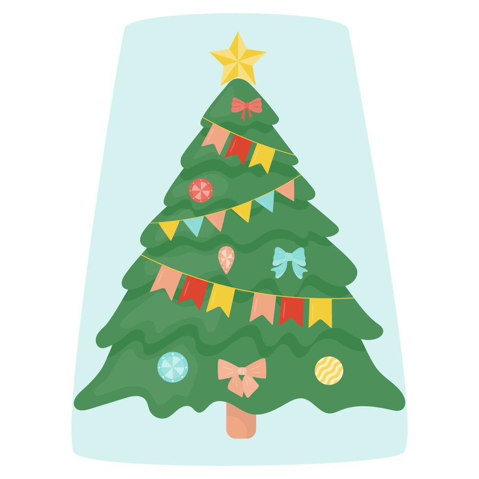 Decorated Christmas tree with a star, decorative balls and garlands. Vector illustration of a flat style.