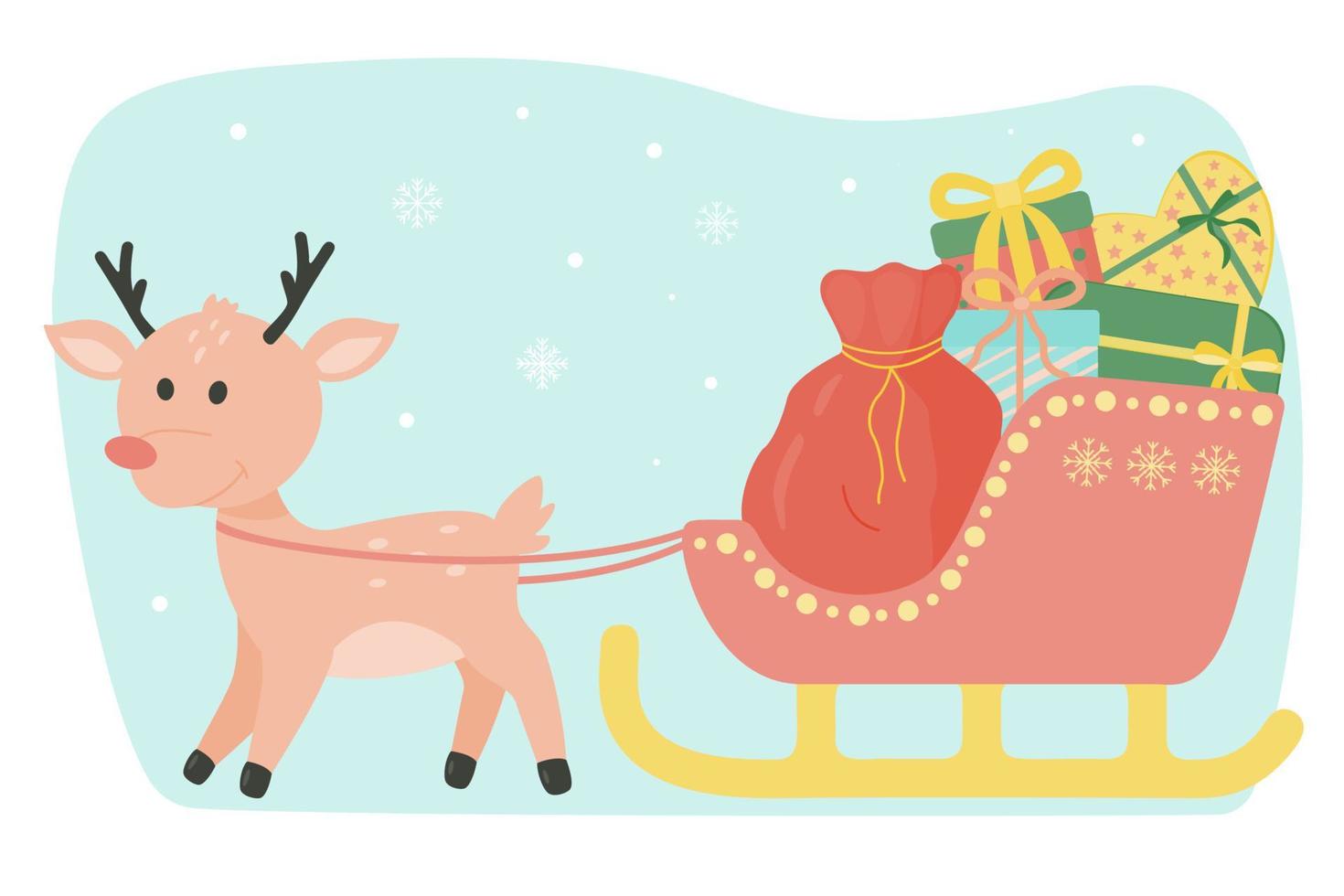 Vector drawing of a deer and Santa Claus's sleigh carrying gifts. Isolated on a white background.