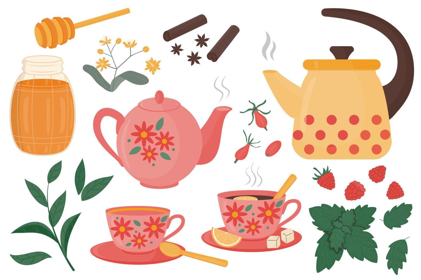 Collection of tea time elements. Vector illustrations of a tea set with various elements - mint, raspberry, hawthorn fruit, honey, cinnamon, lemon, sugar on a white background.