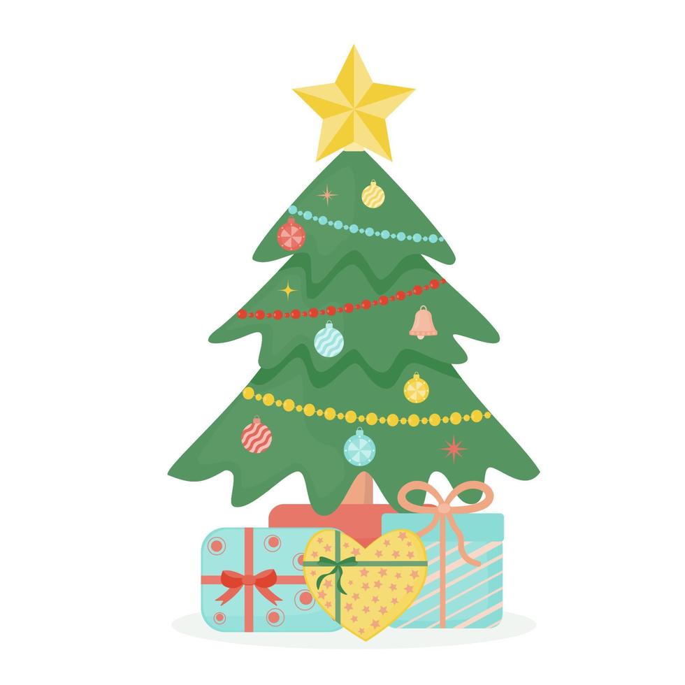 Decorated Christmas tree with gift boxes, a star, decorative balls and garlands. Vector illustration of a flat style.