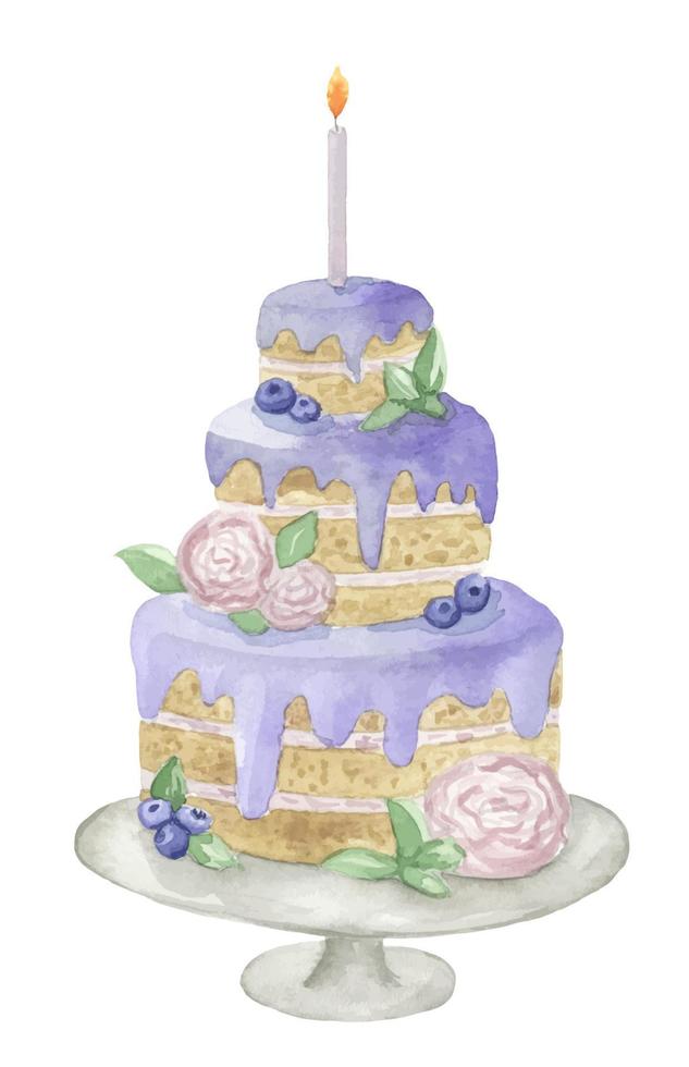 un pastel de tres niveles con elementos de estilo acuarela floral. color púrpura, pastel de arándanos y flores, pastel de cumpleaños. ilustración de acuarela vector