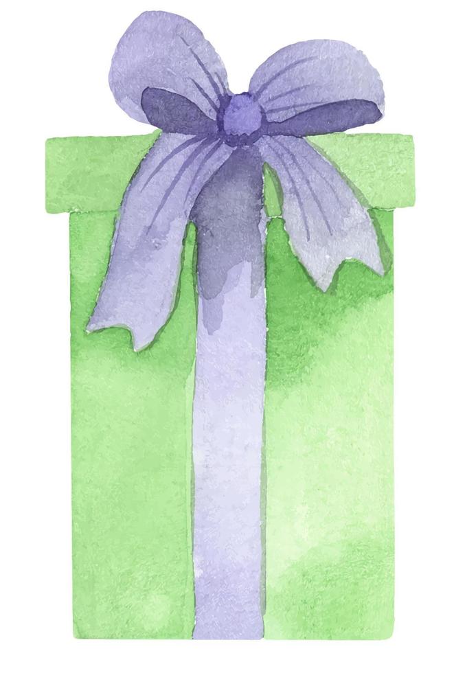 caja de regalo con un lazo pintado en acuarela, caja verde con un lazo morado, embalaje de regalo de cumpleaños, regalo de vacaciones vector