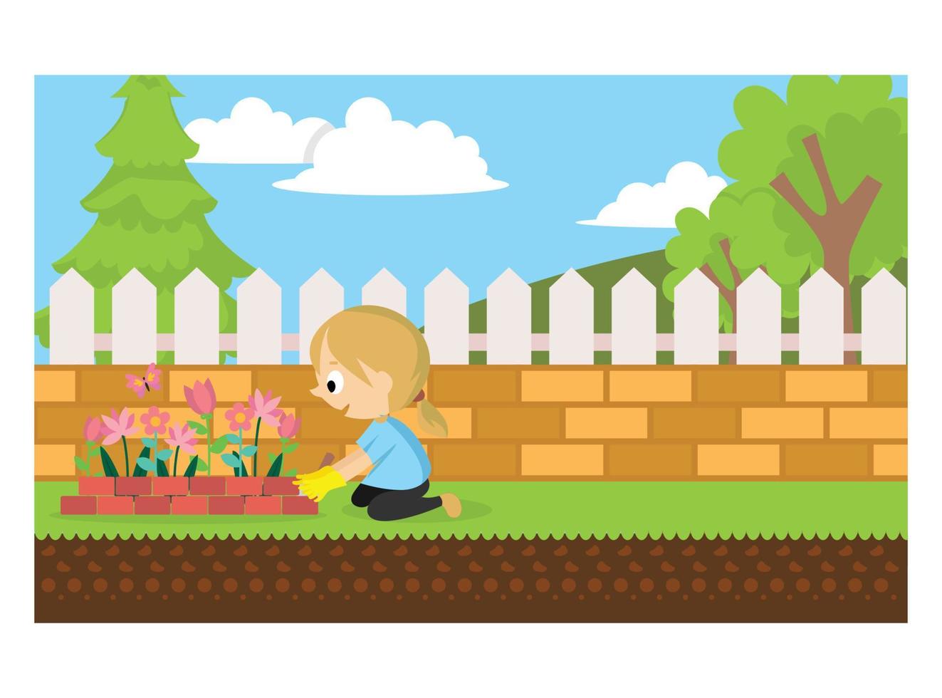 flat illustration gardening behind the house.  Suitable for Diagrams, Infographics, And Other Graphic assets vector