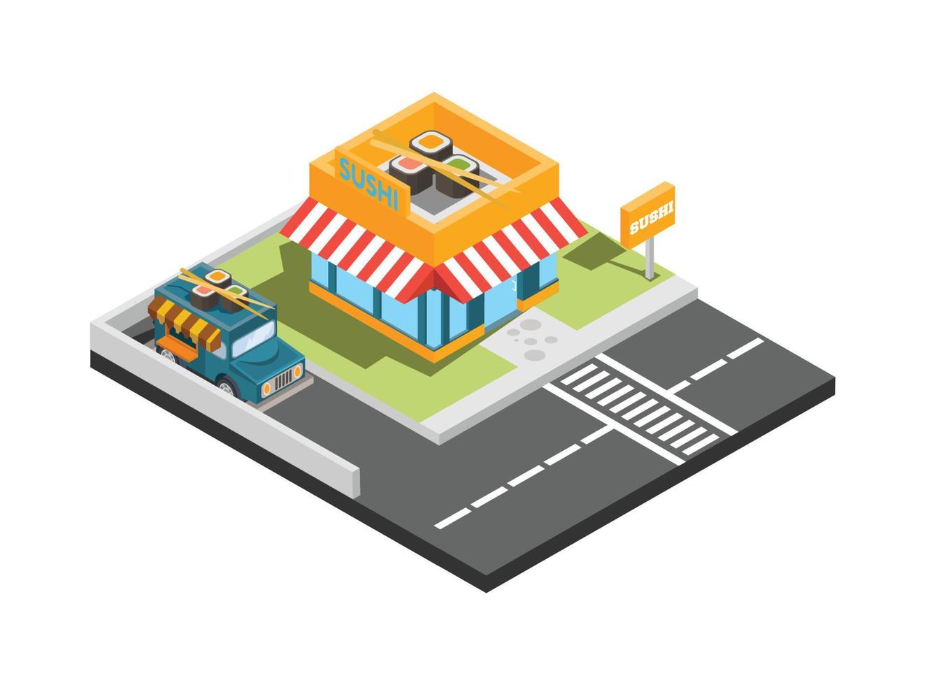 Vector isometric icon or infographic element representing low poly fast food restaurant with car park and neon advertising sign. Suitable for Diagrams, Infographics, And Other Graphic assets