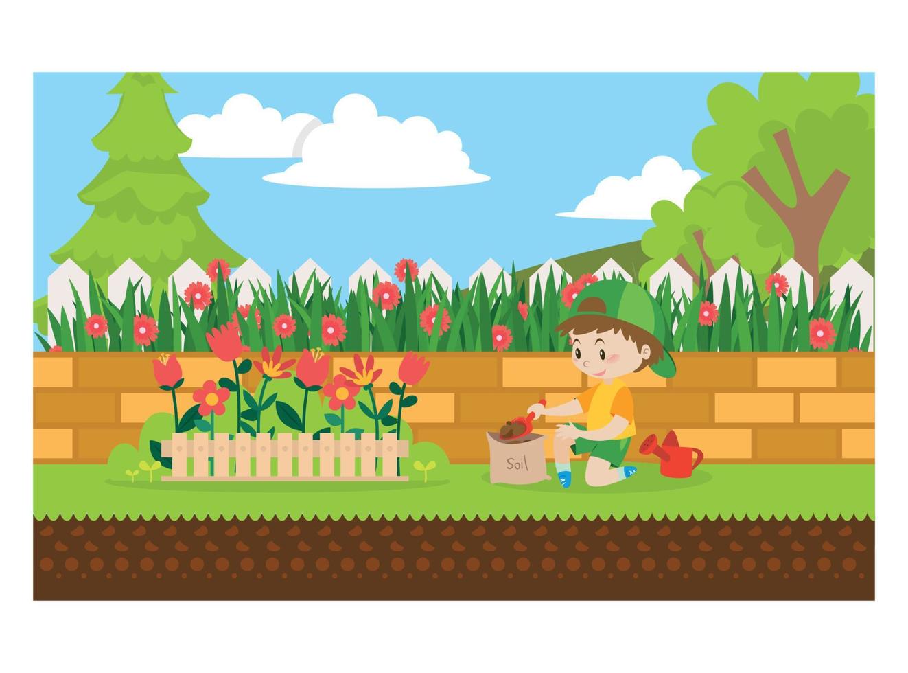 flat illustration gardening behind the house.  Suitable for Diagrams, Infographics, And Other Graphic assets vector