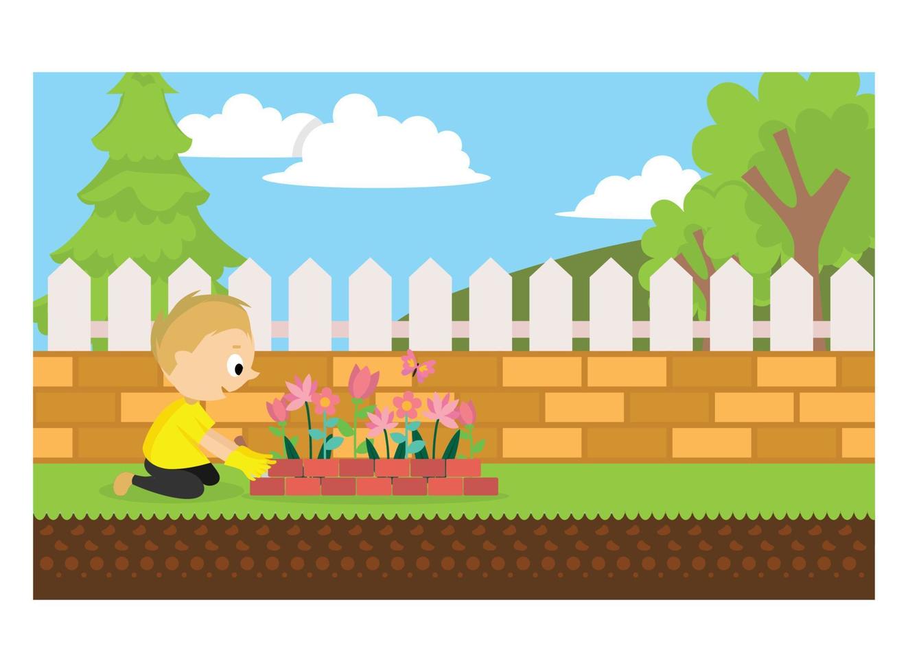 flat illustration gardening behind the house.  Suitable for Diagrams, Infographics, And Other Graphic assets vector