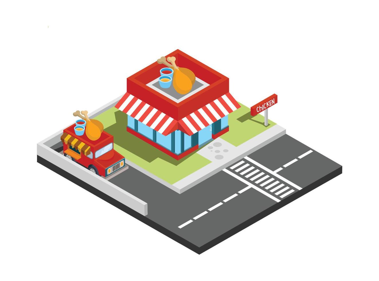 Vector isometric icon or infographic element representing low poly fast food restaurant with car park and neon advertising sign. Suitable for Diagrams, Infographics, And Other Graphic assets