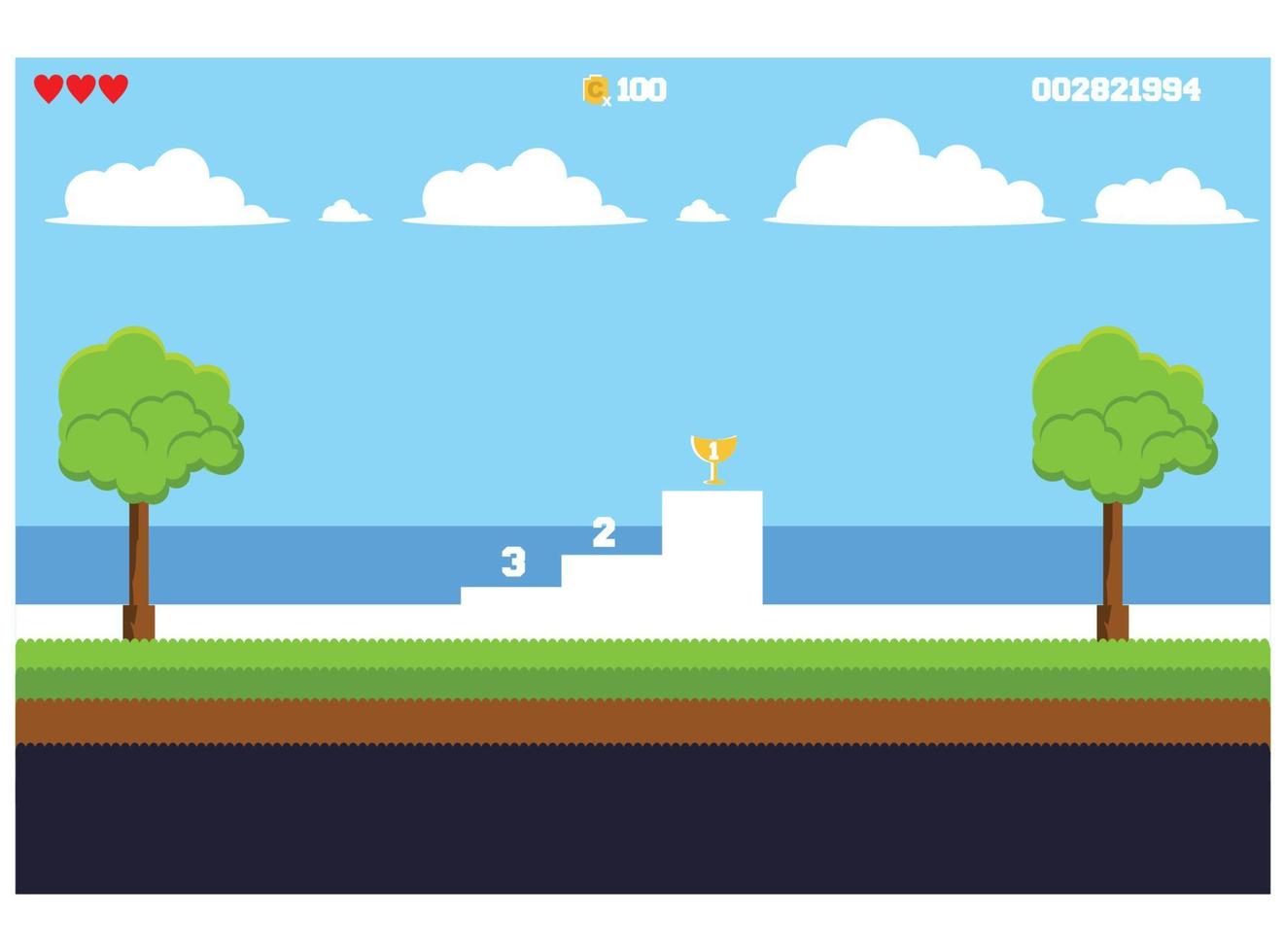 pixel art game scene with land, grass, trees, sky, clouds, characters, coins, treasure chests and 8-bit hearts vector