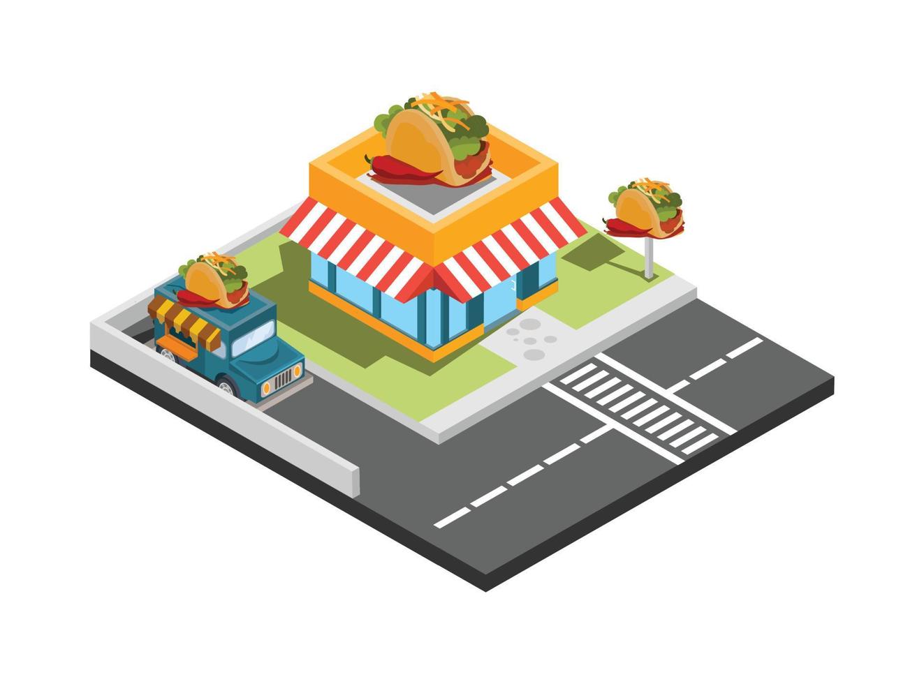 Vector isometric icon or infographic element representing low poly fast food restaurant with car park and neon advertising sign. Suitable for Diagrams, Infographics, And Other Graphic assets