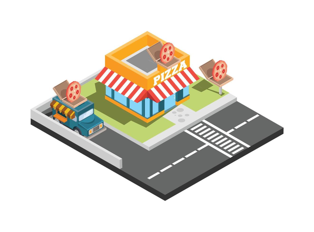 Vector isometric icon or infographic element representing low poly fast food restaurant with car park and neon advertising sign. Suitable for Diagrams, Infographics, And Other Graphic assets