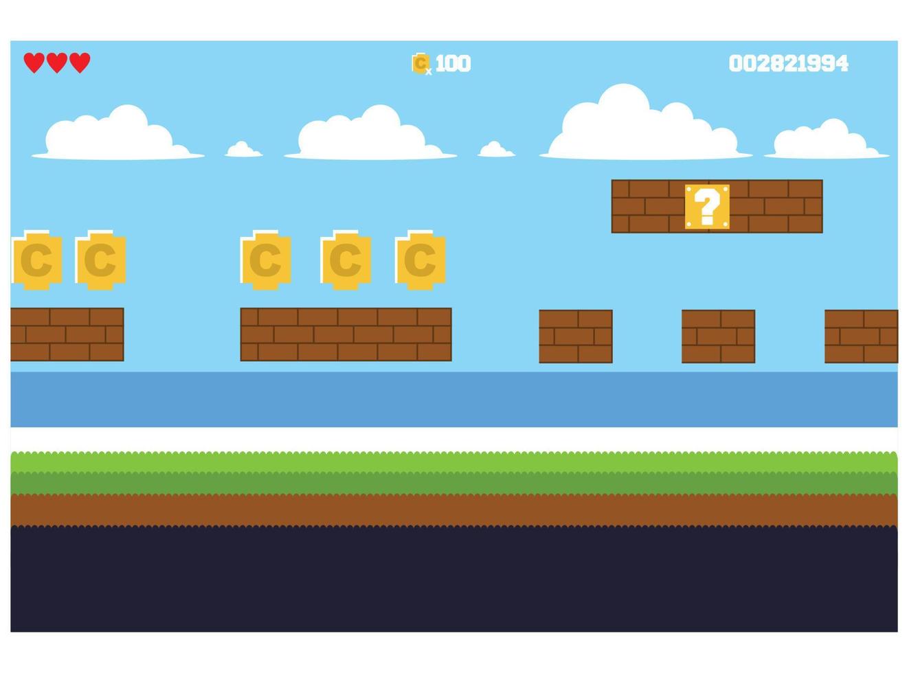 pixel art game scene with land, grass, trees, sky, clouds, characters, coins, treasure chests and 8-bit hearts vector