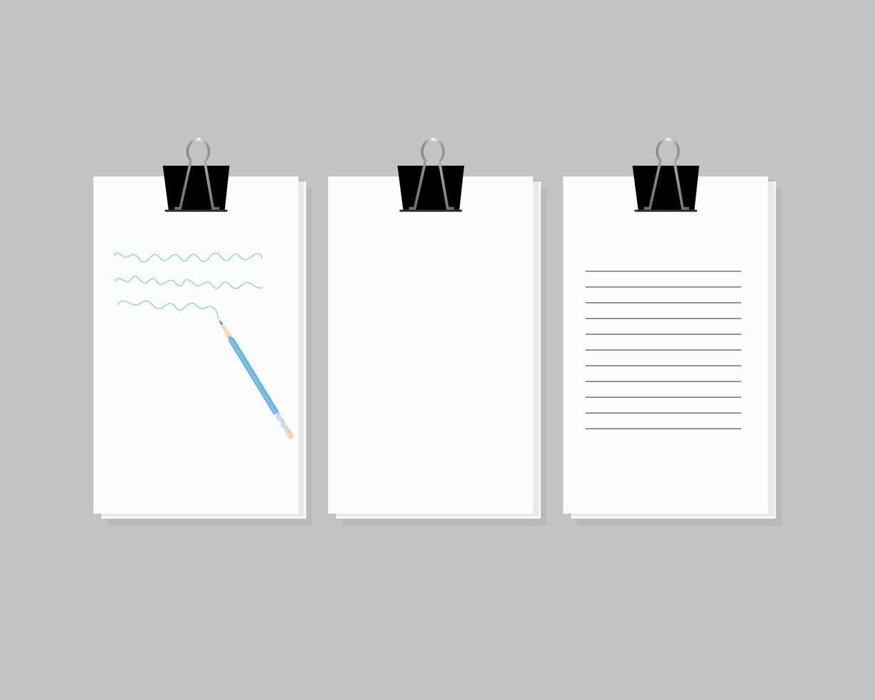 a set of paper for drawing and writing with a pencil and a paper clip on a transparent background vector