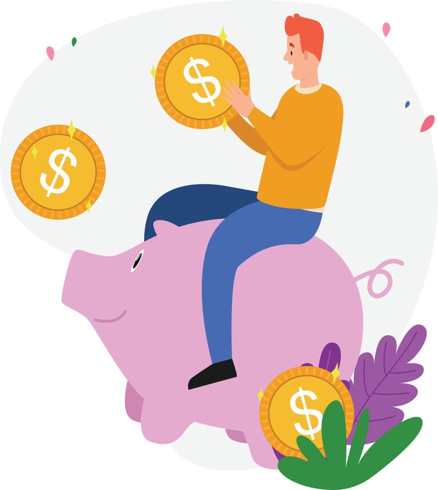 Guy with piggy bank and coins dollar sign vector