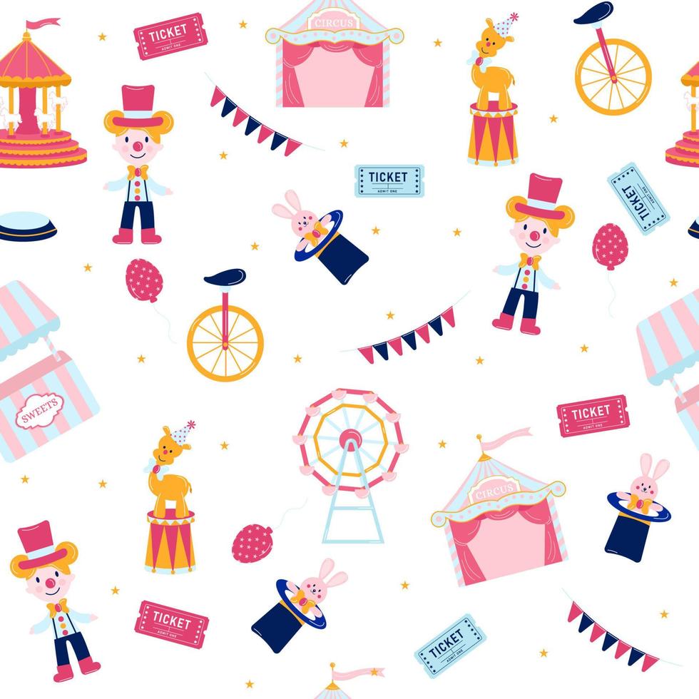 Seamless circus pattern. Pink circus with elements on white background vector