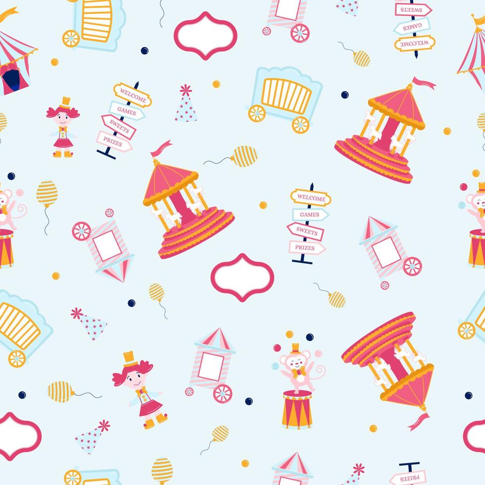 Seamless circus pattern. Pink circus with elements on light blue background vector