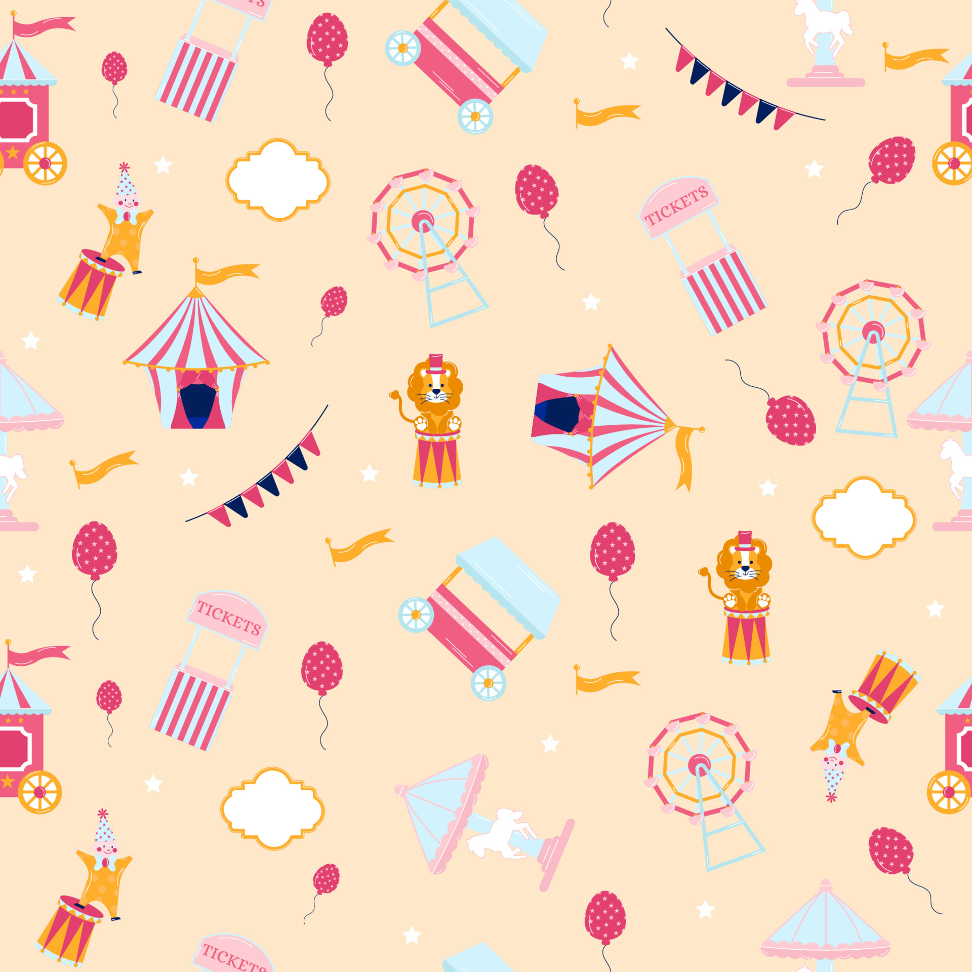 Seamless circus pattern. Pink circus with elements on a light