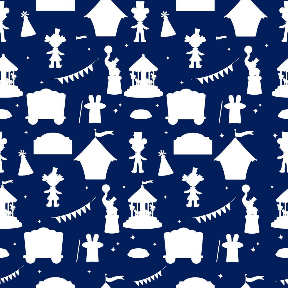 Seamless circus silhouette pattern on blue background. Circus with elements of carousel, tent, clown vector
