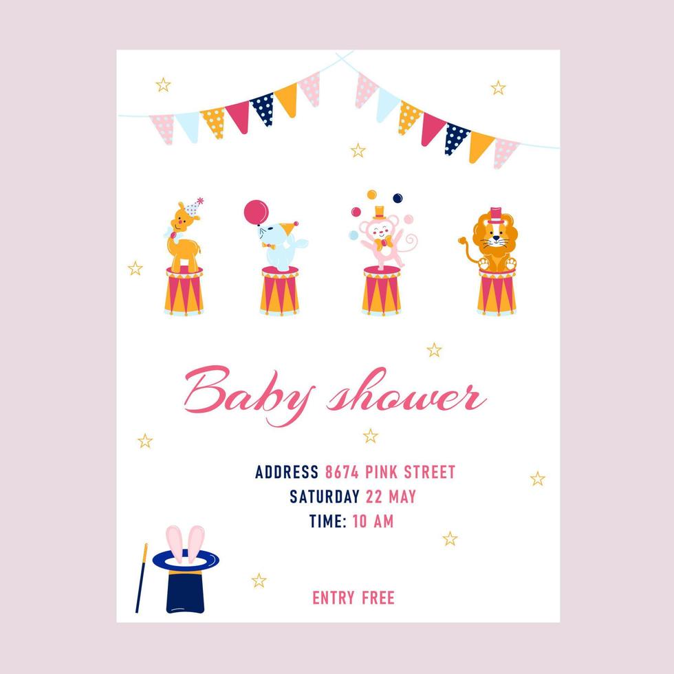 invitación de baby shower en estilo circo rosa. vector