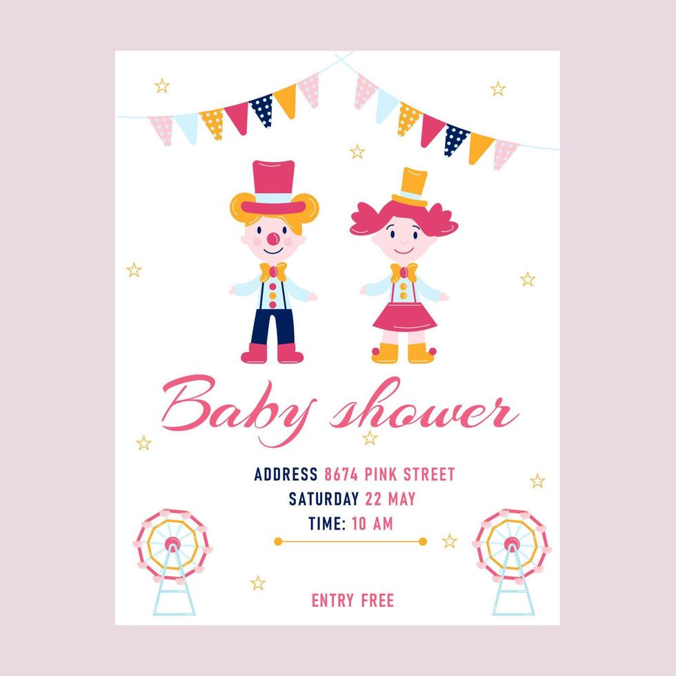 Baby shower invitation in pink circus style. vector