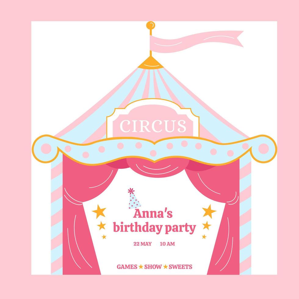 Circus style birthday party invitation in the form of a circus tent. Party. vector