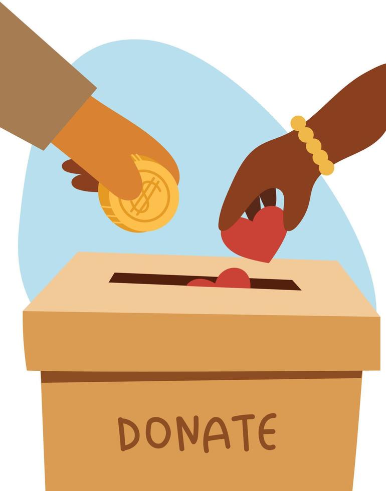 la gente arroja monedas de oro y corazones en una caja para donaciones. vector