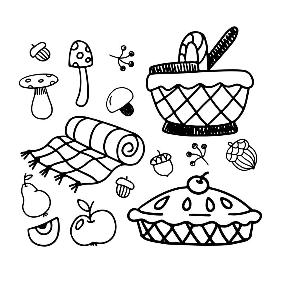 Hand drawn picnic outline elements. vector