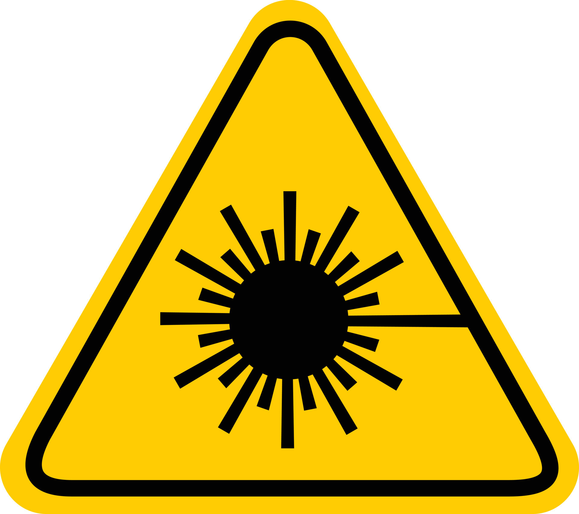 Laser radiation warning on white background. Yellow triangle Warning